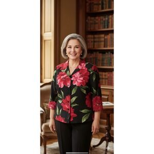 VTG 90s Savvy by Rafael 100% Silk Black Floral Blouse Jacket 3/4 Sleeves Size 14